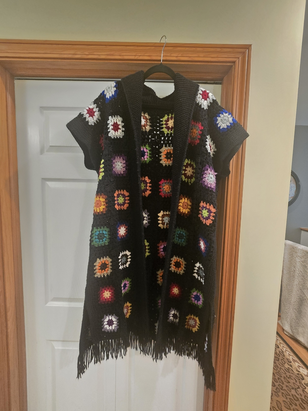 Crochet Open-Front Cardigan with Multicolor Granny-Square Accents